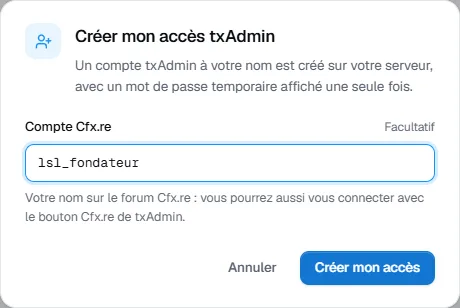 Création de l'accès txAdmin