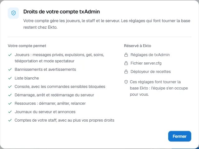 Droits du compte txAdmin