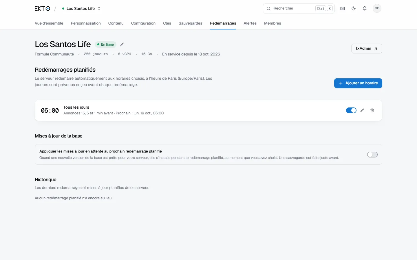 Liste des redémarrages