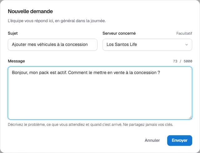 Nouvelle demande au support
