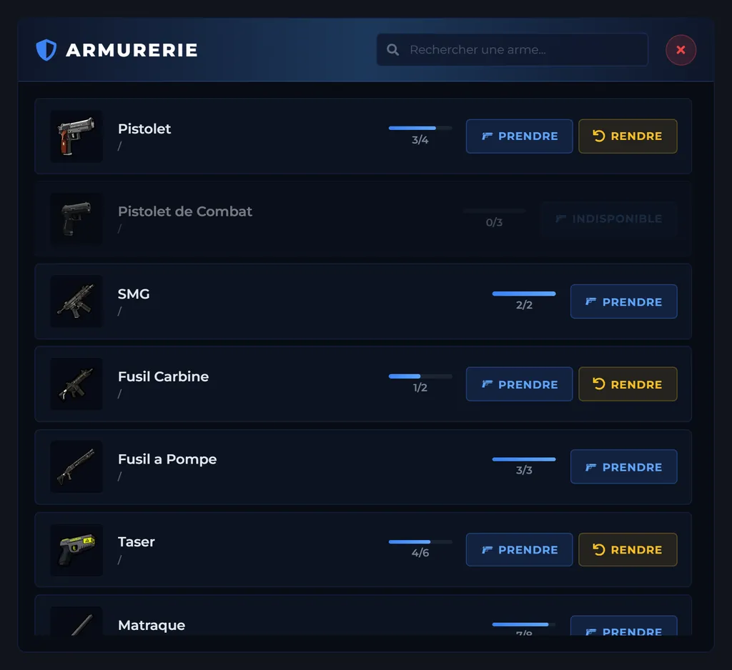Armurerie de service de la police : liste des armes avec stock, bouton prendre et bouton rendre.